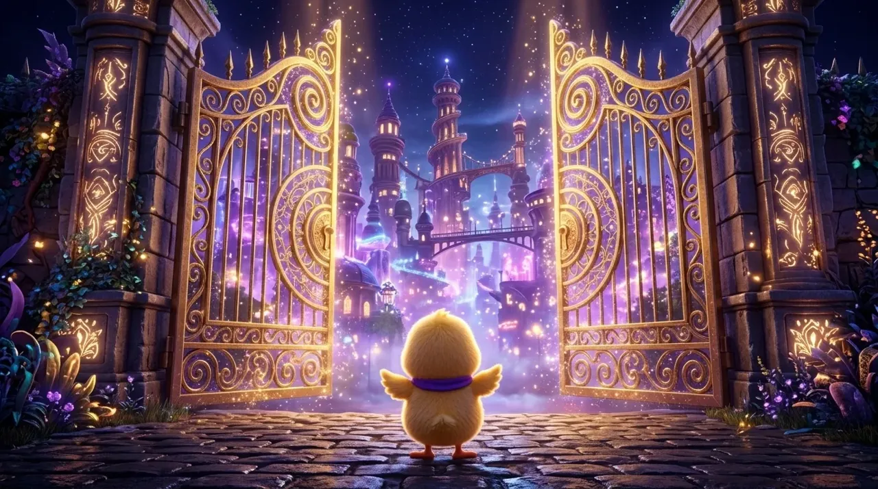El pollito ante la puerta dorada de una ciudad secreta